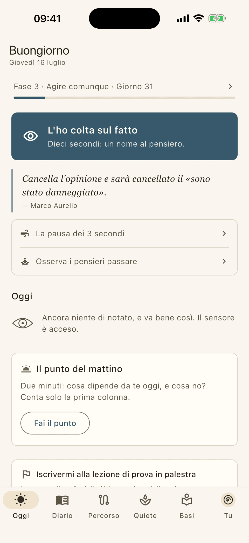 La schermata principale di Noto: la fase in corso, la cattura rapida di un pensiero e il punto del mattino